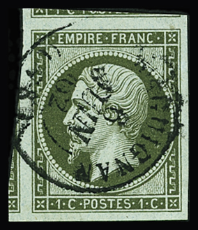 N°11 1c olive, obl cad, avec 4 belles marges et 2 voisins,