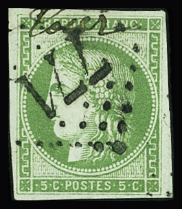 N°42A 5c vert jaune, R1, obl. GC 771 (33), + écriture