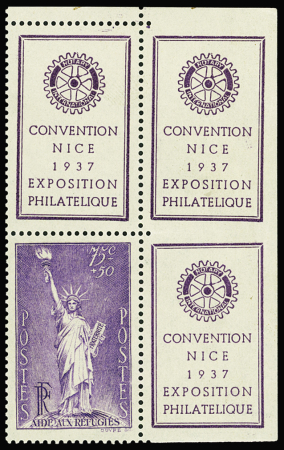 N°309 75c + 50c Bartholdi, avec vignettes Rotary de