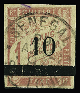 TAXE N°3 10 s. 1f. rose s. paille, obl., TB, rare (tirage