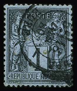 N°84 1c noir s. bleu de Prusse, très bien centré, obl.