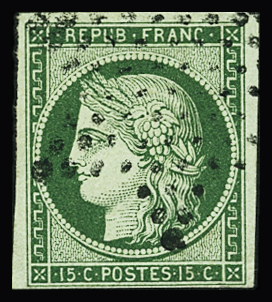 N°2 15c vert, obl étoile de Paris, TB. Signé Calves