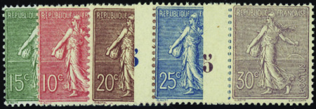 N°129/133 Semeuses lignées 5 valeurs neuf ** TB