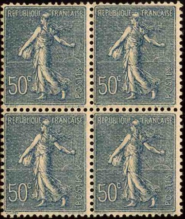 N°161 50c Semeuse lignée bleu bloc de 4 neuf ** TB