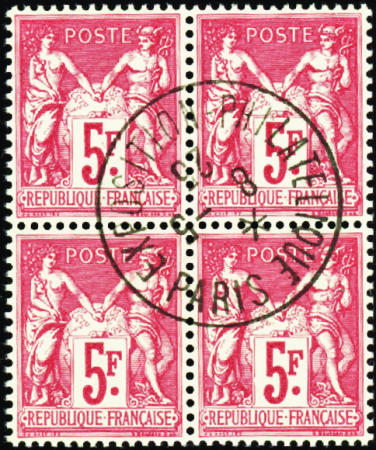 N°216 5f carmin bloc de 4 obl TB