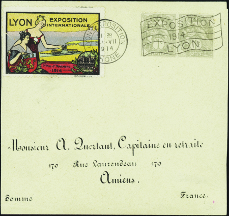 N°107 1c paire obl exposition 1914 Lyon sur lettre