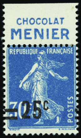 N°217c avec publicité "Chocolat Menier" neuf * TB