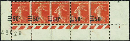 N°225 bande de 5 normal à valeur sur valeur neuf *