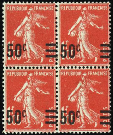 N°225c surcharge intervertie bloc de 4 (2ex*) neuf