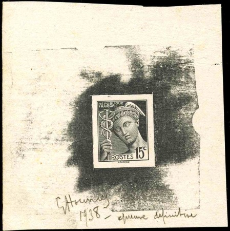 N°409 15c Mercure épreuve d'artiste en noir signée