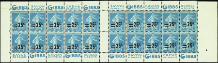 N°217-C2 25c sur 30c Semeuse bleu bloc de 20 tim