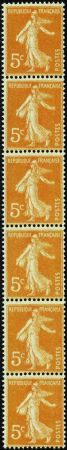 N°5 5c Semeuse orange bande verticale de 6 timbres