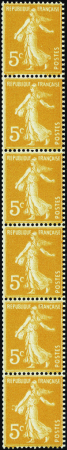 N°8 5c Semeuse orange bande verticale de 6 timbres