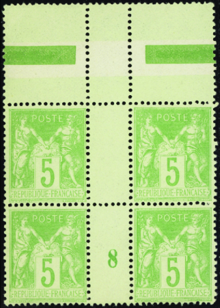 N°102 5c vert-jaune bloc de 4 millésime 8 neuf ** 