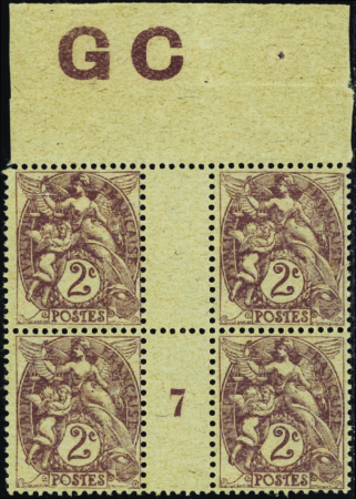 N°108 2c Blanc bloc de 4 manchette GC mill 7 neuf 