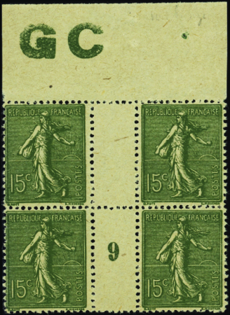 N°130 15c Semeuse lignée bloc de 4 manchette GC mi