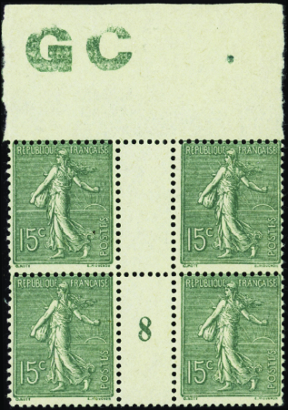 N°130 15c Semeuse lignée bloc 4 manch GC* mill 8 p