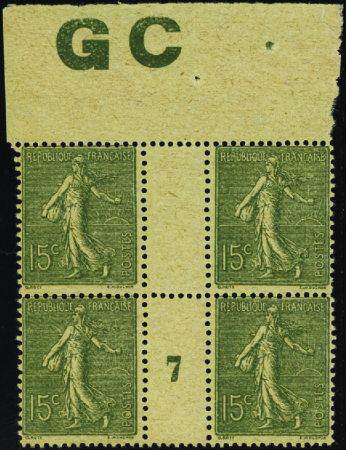 N°130 15c Semeuse lignée bloc de 4 manchette GC mi