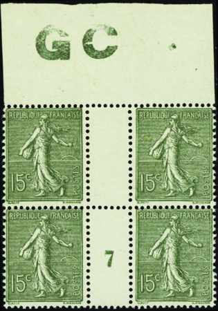 N°130 15c Semeuse lignée bloc de 4 millésime 7 papier