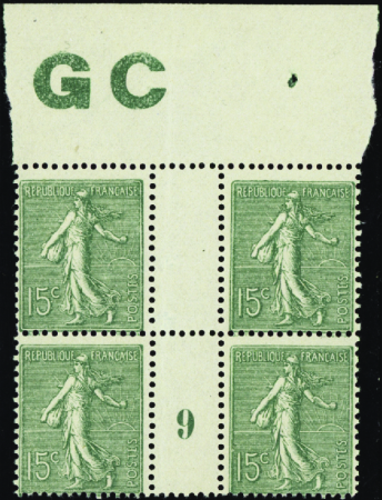 N°130 15c lignée bloc de 4 manch GC mill 9 papier 