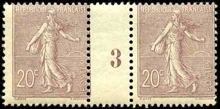 N°131 20c Semeuse brun-lilas millésime 3 neuf ** T