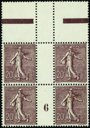 N°131a 20c semeuse lignée bloc de 4 haut de feuill