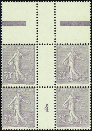 N°133 30c Semeuse lignée bloc de 4 haut de feuille