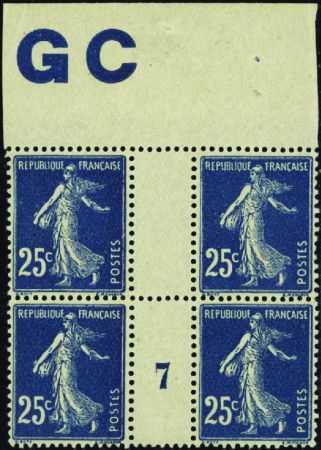 N°140 25c Semeuse bleu bloc de 4 manchette GC mill