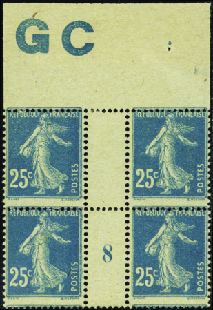 N°140 25c Semeuse bleu bloc de 4 manchette GC mill