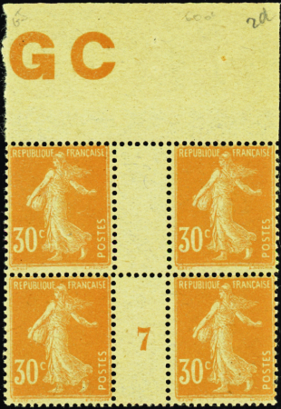 N°141 30c Semeuse orange bloc de 4 manchette GC mi