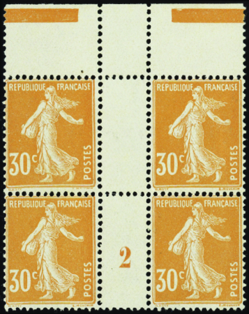 N°141 30c Semeuse orange bloc de 4 haut de feuille