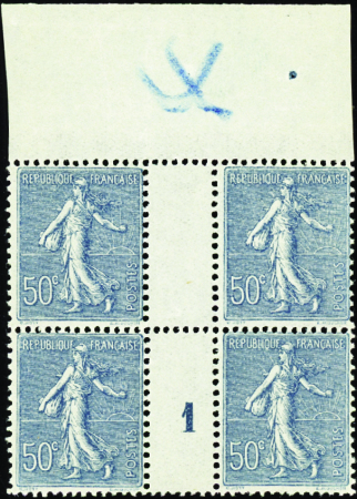 N°161 50c Semeuse bleu-gris bloc de 4 ht de feuill