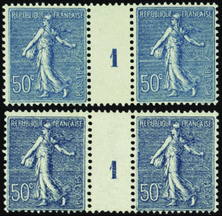 N°161 50c Semeuse lignée bleu clair et bleu foncé 