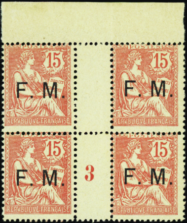 FRANCHISE MILITAIRE N°2 15c Mouchon bloc de 4 haut