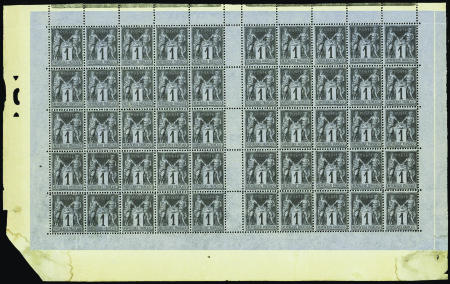 N°83 1c noir sur azuré feuille de 50 timbres sans 