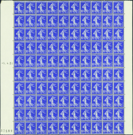 N°279a 10c Semeuse outremer feuille de 100 timbres