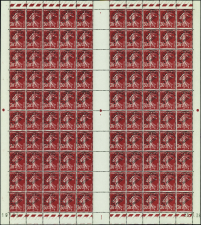 PREOBLITERES N°61 30c Semeuse rouge feuille de 100