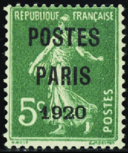 N°24 5c Semeuse vert "Postes Paris 1920" neuf * TB