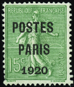 N°25 15c Semeuse lignée "Postes Paris 1920" nsg TB