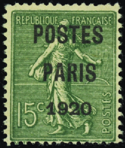 N°25 15c Semeuse lignée "Postes Paris 1920" nsg TB