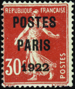N°32 30c Semeuse rouge "Postes Paris 1922" nsg TB