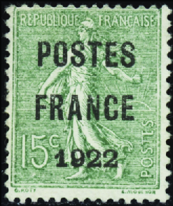 N°37 15c Semeuse lignée "Postes Franse 1922" nsg T