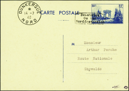 Entier 80c Arc de triomphe surcharge de Dunkerque obl.