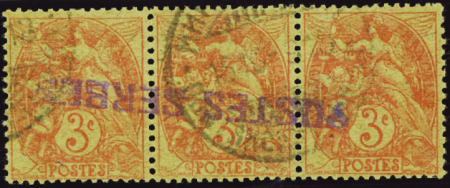 N°3 3c Blanc bande de 3 surcharge renversée obl TB