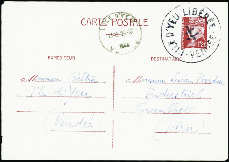 Ile d'Yeu entier postal 1f20 Pétain obl TB