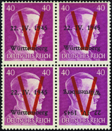 Wurtemberg 40pf bloc de 4  1ex surcharge renversée