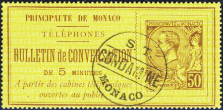 TELEPHONE N°1 50c brun sur jaune obl TB