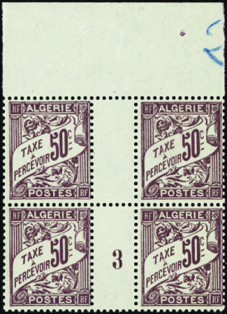 TAXE N°7 50c lilas-brun bloc de 4 haut de feuille 