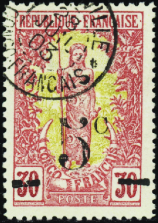 N°46 5c sur 30c brique et jaune obl TB