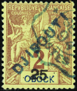 N°2 25c sur 2c lilas-brun sur paille obl TB